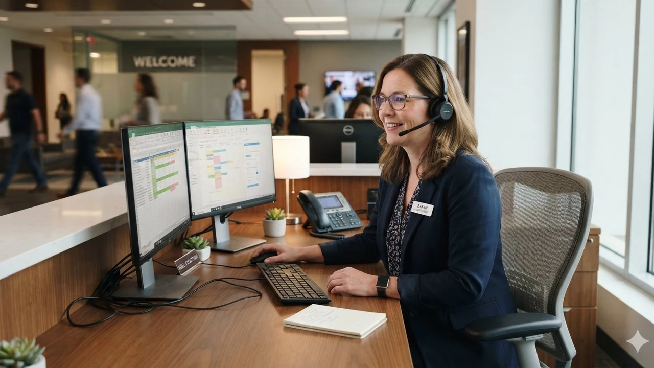 An AI receptionist at a desk with a headset, ready to capture and route customer inquiries.
